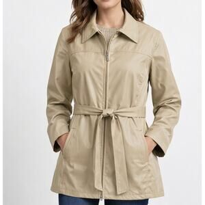 Minimalist Beige Utility Rain Jacket Belted Lightweight Trench Style Coat Sz Med